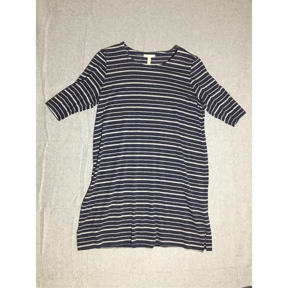 Womens Eileen Fisher Dress Size Medium Navy Grey Striped Half Sleeve Made in USA - Picture 1 of 3